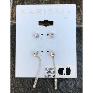 Karisma 2 Pairs of Silver Tone‎ Stud & Dangle Crystal Pierced Earrings